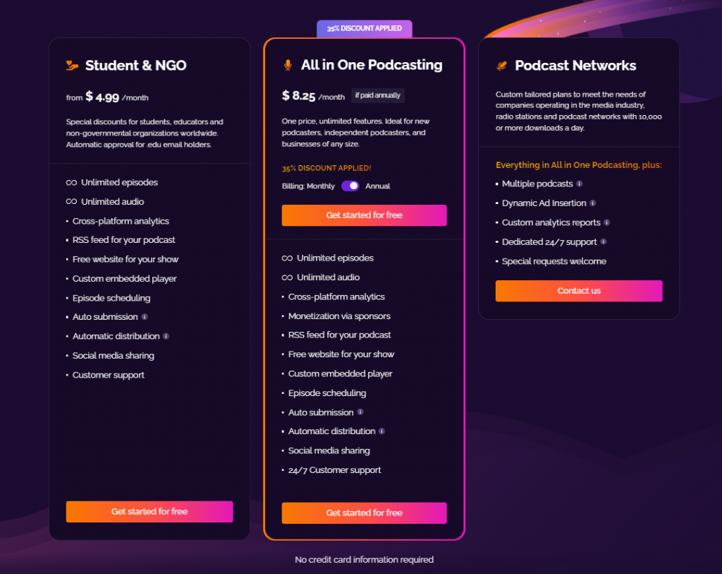 RSS.com pricing plans for podcast hosting